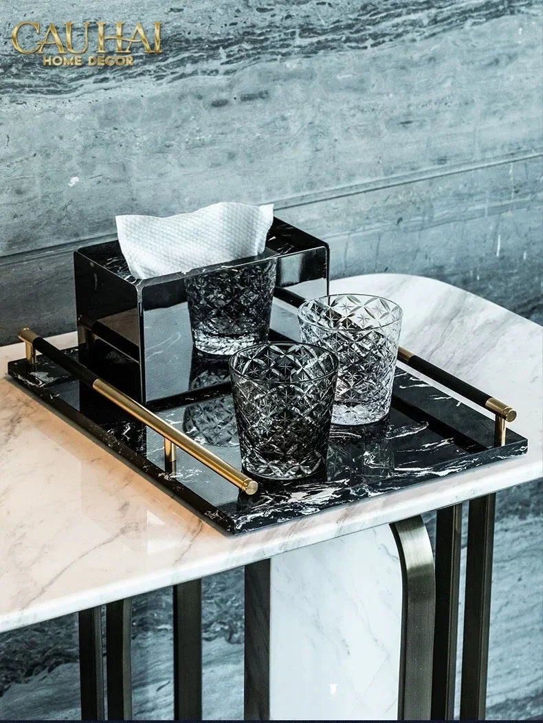 Maison Couture - Khay Đá Marble Chữ Nhật Phantom Golden Handles 30×40-KHAY TRANG TRÍ-CẬU HAI HOME DECOR