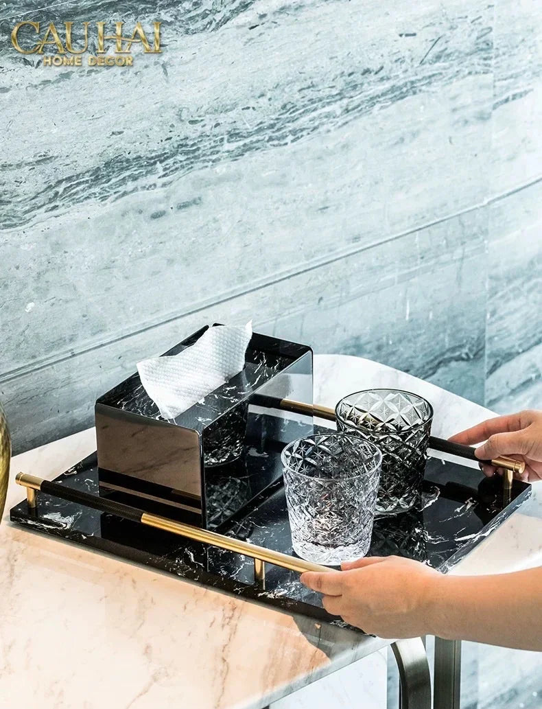 Maison Couture - Khay Đá Marble Chữ Nhật Phantom Golden Handles 30×40-KHAY TRANG TRÍ-CẬU HAI HOME DECOR