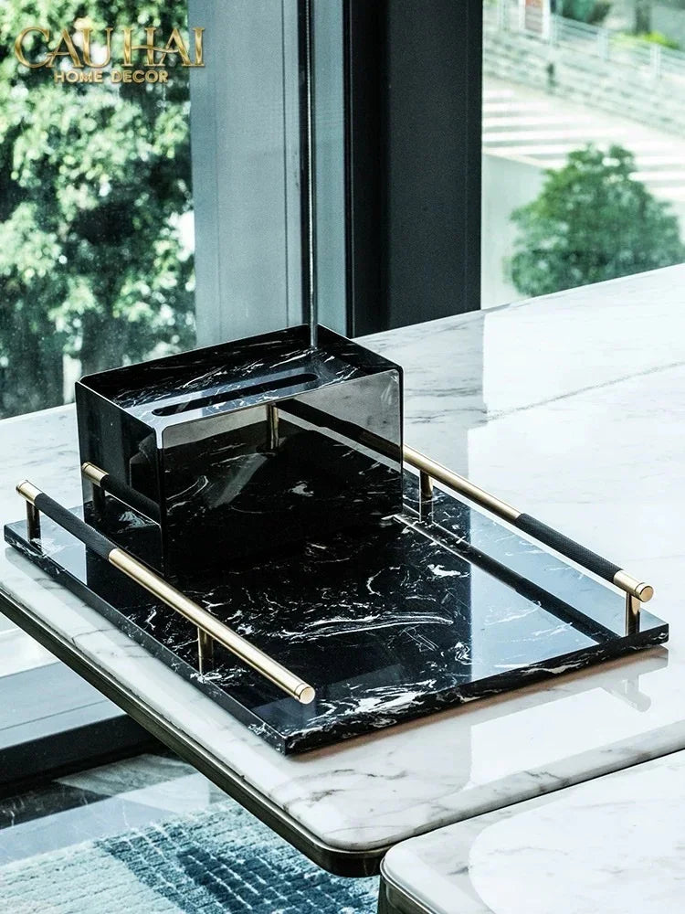 Maison Couture - Khay Đá Marble Chữ Nhật Phantom Golden Handles 30×40-KHAY TRANG TRÍ-CẬU HAI HOME DECOR