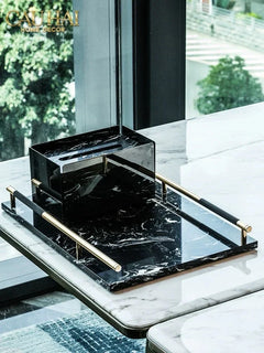 Maison Couture - Khay Đá Marble Chữ Nhật Phantom Golden Handles 30×40-KHAY TRANG TRÍ-CẬU HAI HOME DECOR