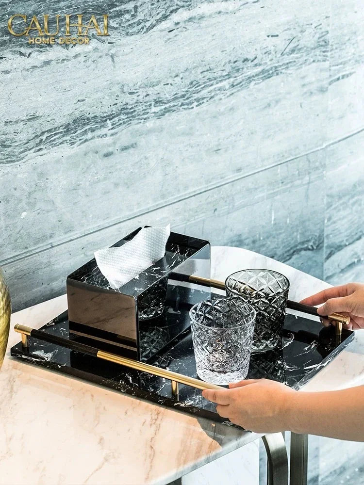Maison Couture - Khay Đá Marble Chữ Nhật Phantom Golden Handles 30×40-KHAY TRANG TRÍ-CẬU HAI HOME DECOR