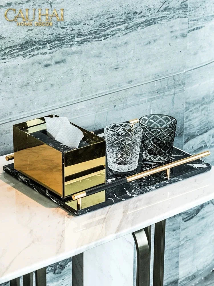 Maison Couture - Khay Đá Marble Chữ Nhật Phantom Golden Handles 30×40-KHAY TRANG TRÍ-CẬU HAI HOME DECOR