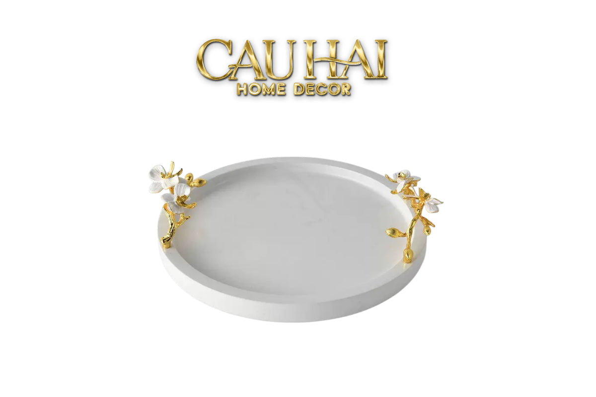 Maison Couture - Khay Đá Marble Tròn Haute Orchid Golden Branches Decorative Trays D32-KHAY TRANG TRÍ-CẬU HAI HOME DECOR-CẬU HAI HOME DECOR