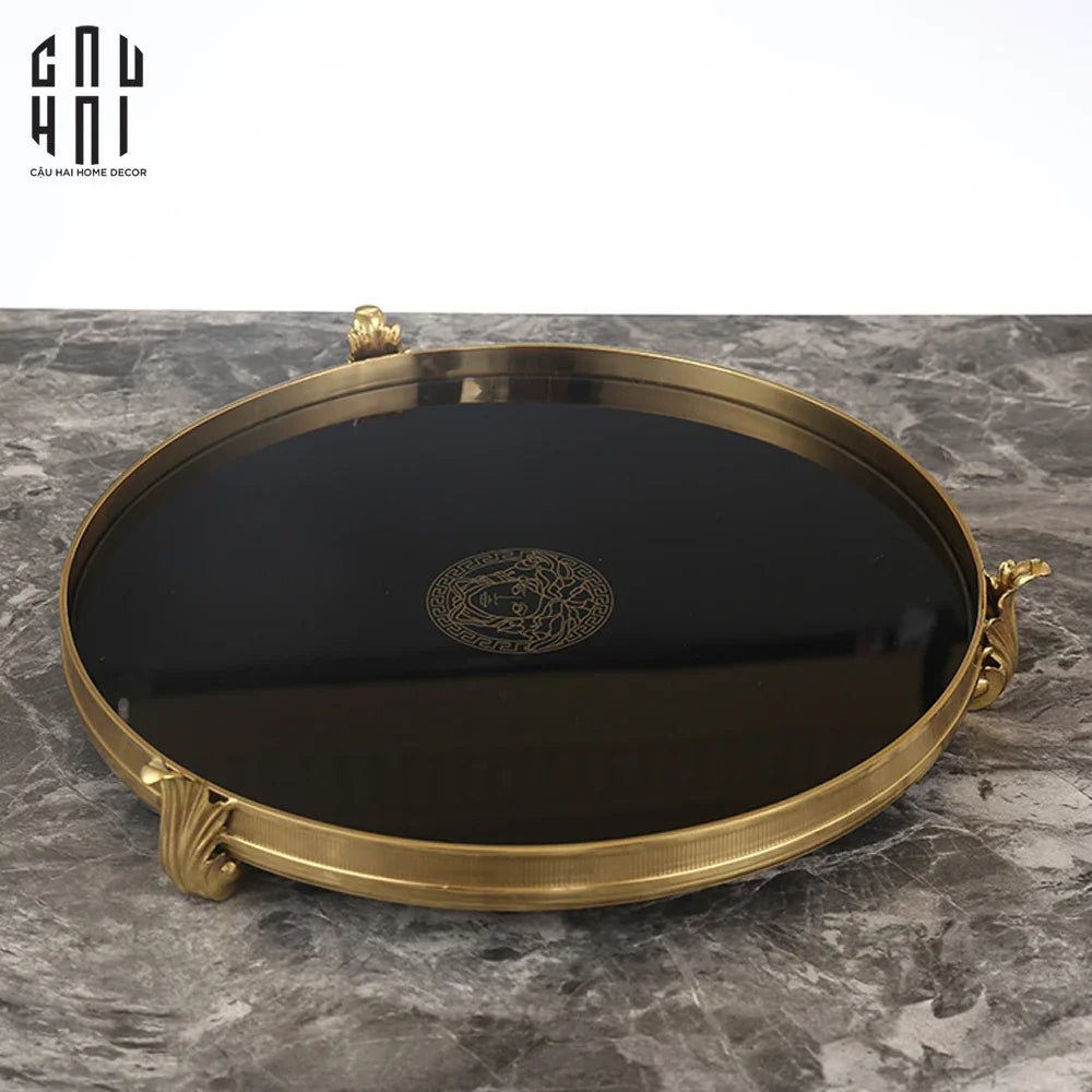 Maison Couture - Khay Gương Đen Tròn Brasson Barocco Medusa Savoir Mirron Ronde Plateau 32-KHAY TRANG TRÍ-CẬU HAI HOME DECOR