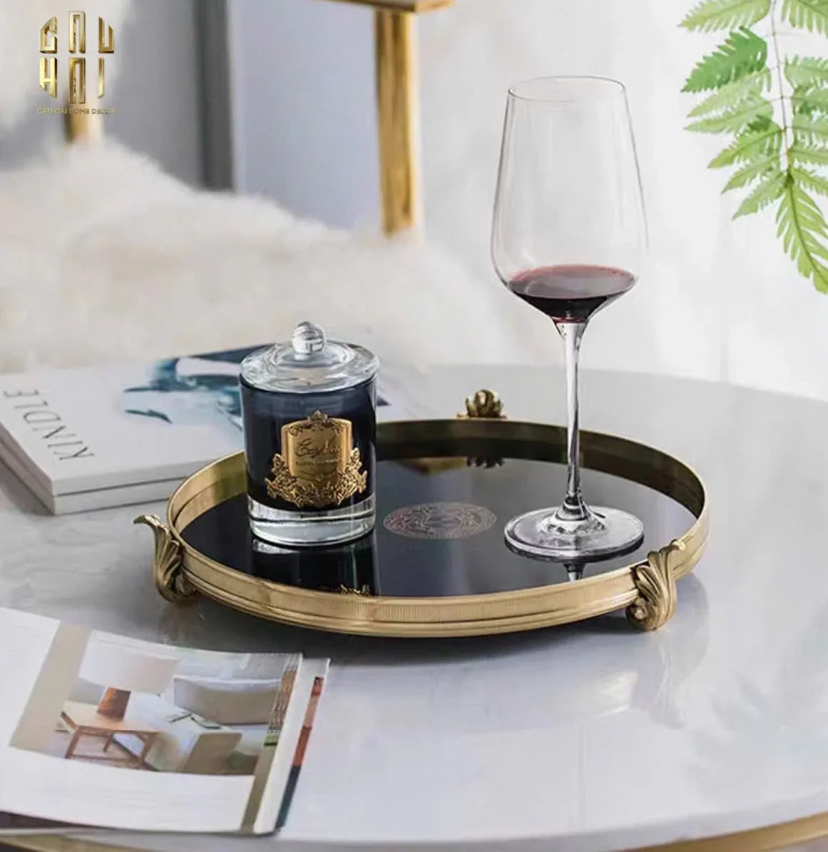 Maison Couture - Khay Gương Đen Tròn Brasson Barocco Medusa Savoir Mirron Ronde Plateau 32-KHAY TRANG TRÍ-CẬU HAI HOME DECOR