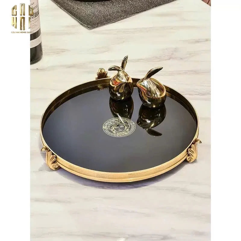 Maison Couture - Khay Gương Đen Tròn Brasson Barocco Medusa Savoir Mirron Ronde Plateau 32-KHAY TRANG TRÍ-CẬU HAI HOME DECOR