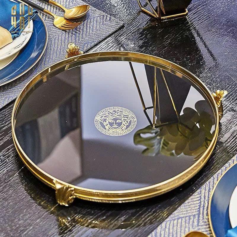 Maison Couture - Khay Gương Đen Tròn Brasson Barocco Medusa Savoir Mirron Ronde Plateau 32-KHAY TRANG TRÍ-CẬU HAI HOME DECOR