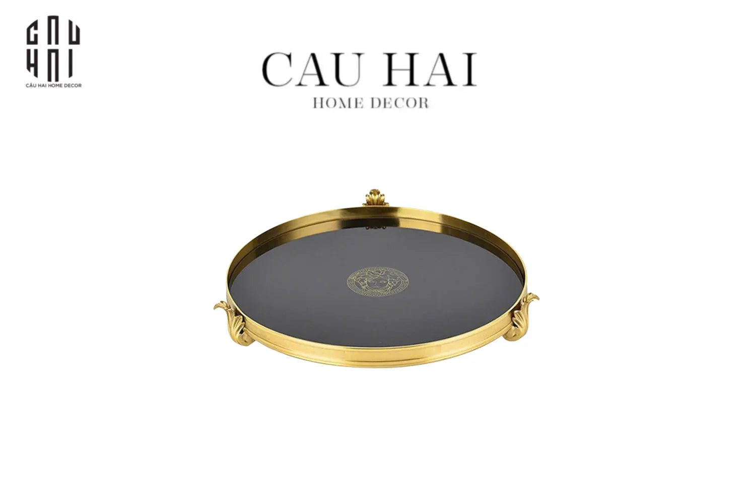 Maison Couture - Khay Gương Đen Tròn Brasson Barocco Medusa Savoir Mirron Ronde Plateau 32-KHAY TRANG TRÍ-CẬU HAI HOME DECOR