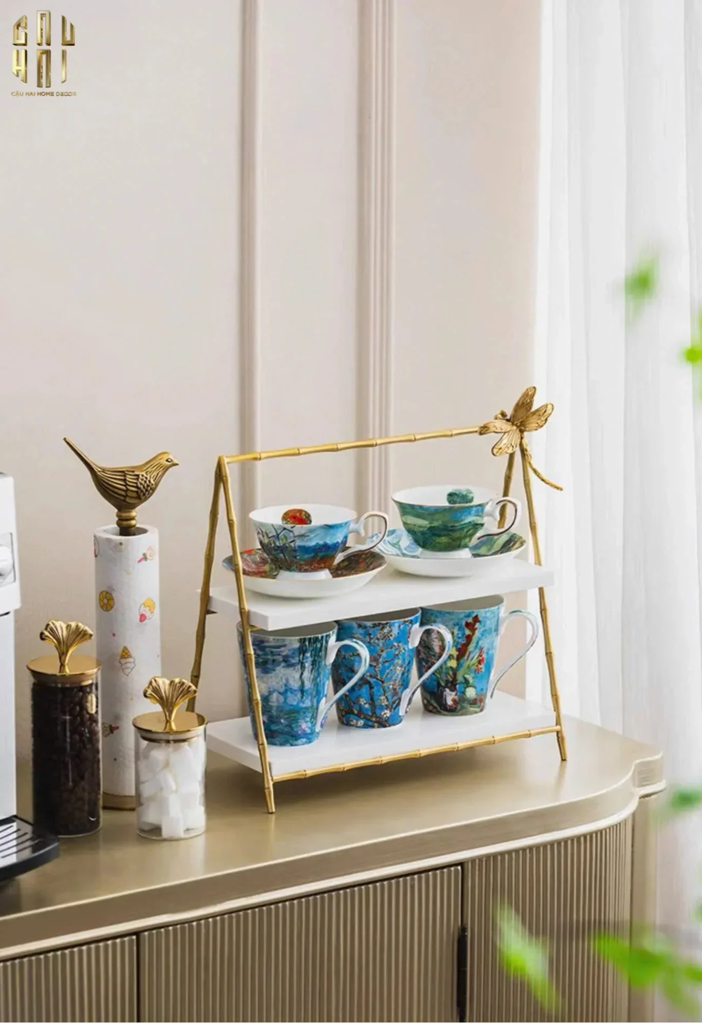 Maison Couture - Khay Kệ 2 Tầng Bằng Đồng Đá Marble Papillon Lumière Tiered Organizer 16.5x33.5x34-KHAY TRANG TRÍ-CẬU HAI HOME DECOR