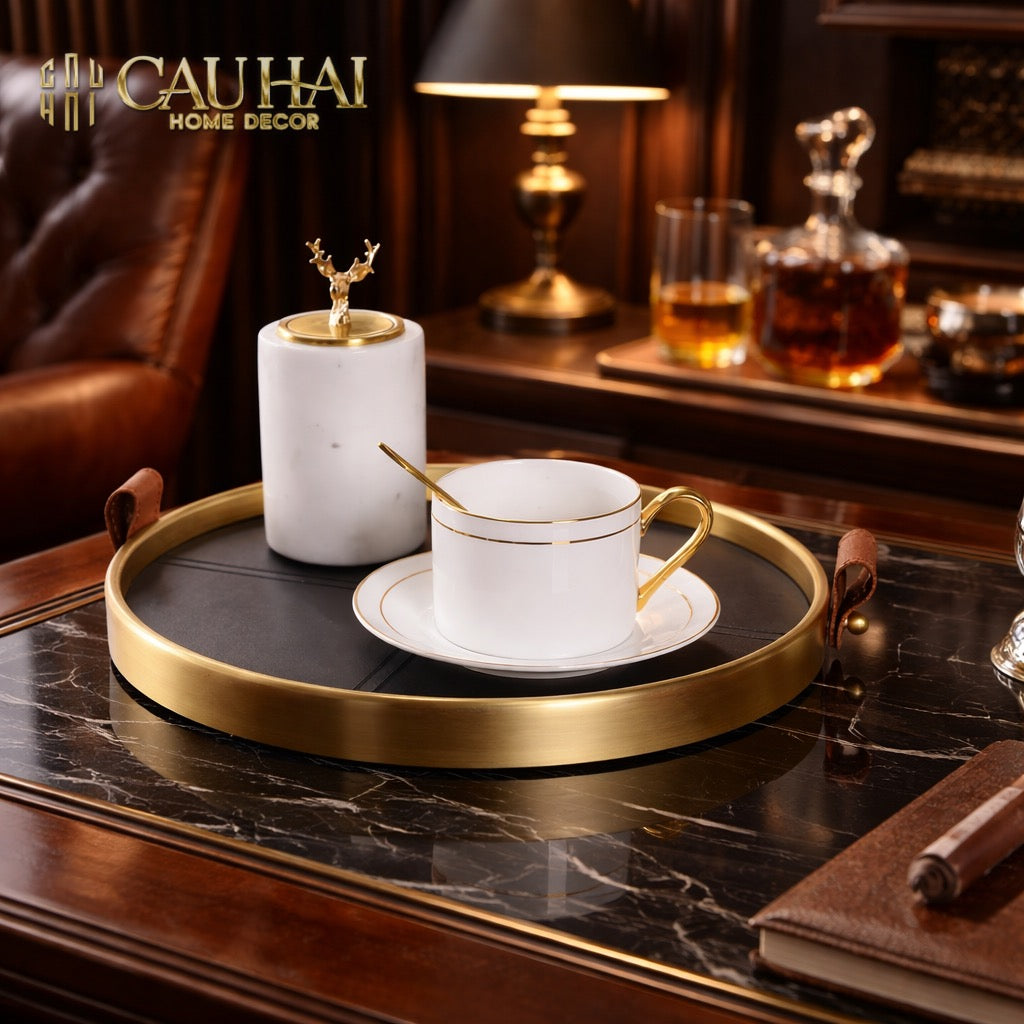 Maison Couture - Khay Tròn Bọc Da Viền Hợp Kim Gray Edin D36-KHAY TRANG TRÍ-CẬU HAI HOME DECOR