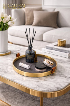 Maison Couture - Khay Tròn Bọc Da Viền Hợp Kim Gray Edin D36-KHAY TRANG TRÍ-CẬU HAI HOME DECOR