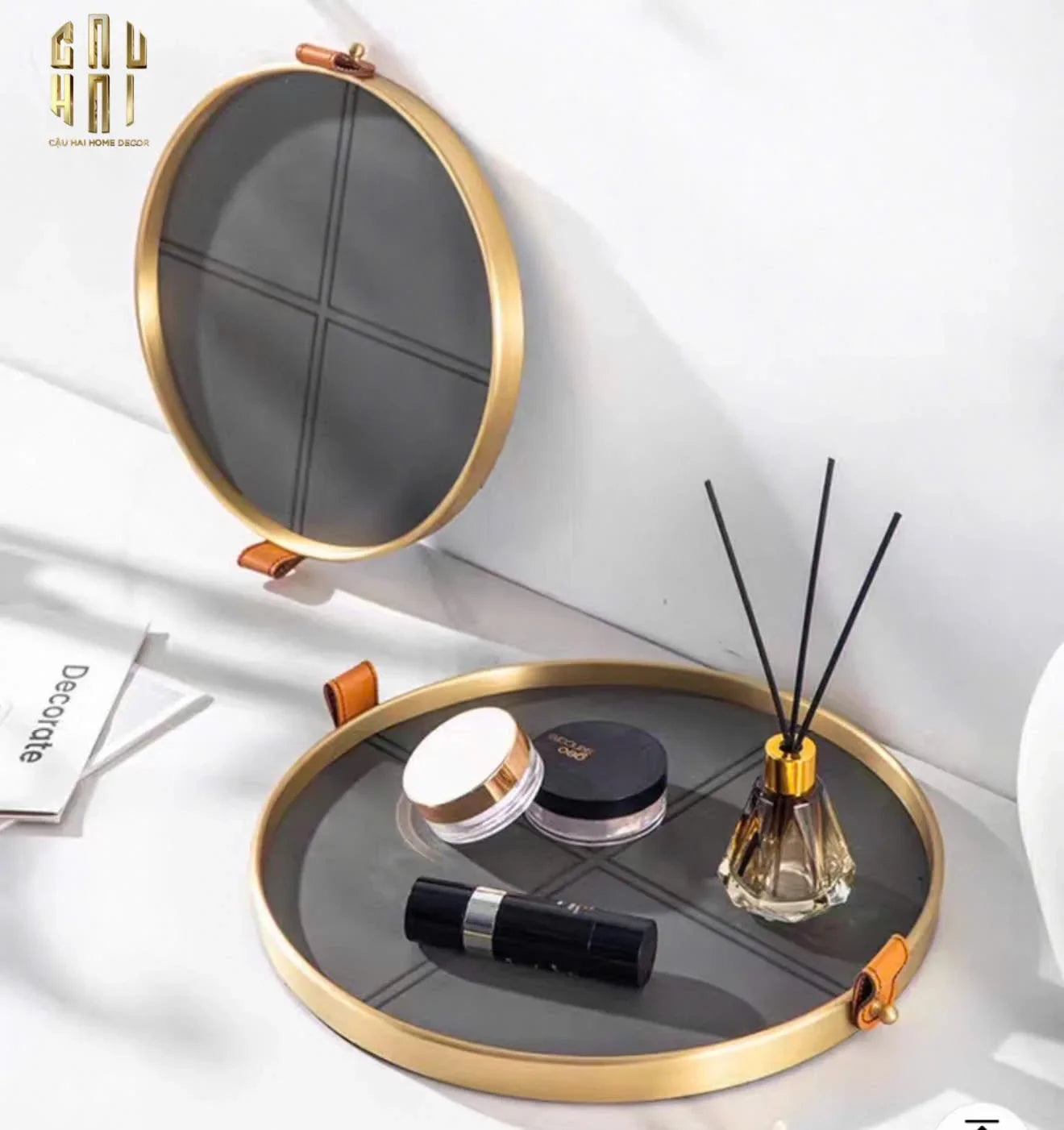 Maison Couture - Khay Tròn Bọc Da Viền Hợp Kim Gray Edin D36-KHAY TRANG TRÍ-CẬU HAI HOME DECOR