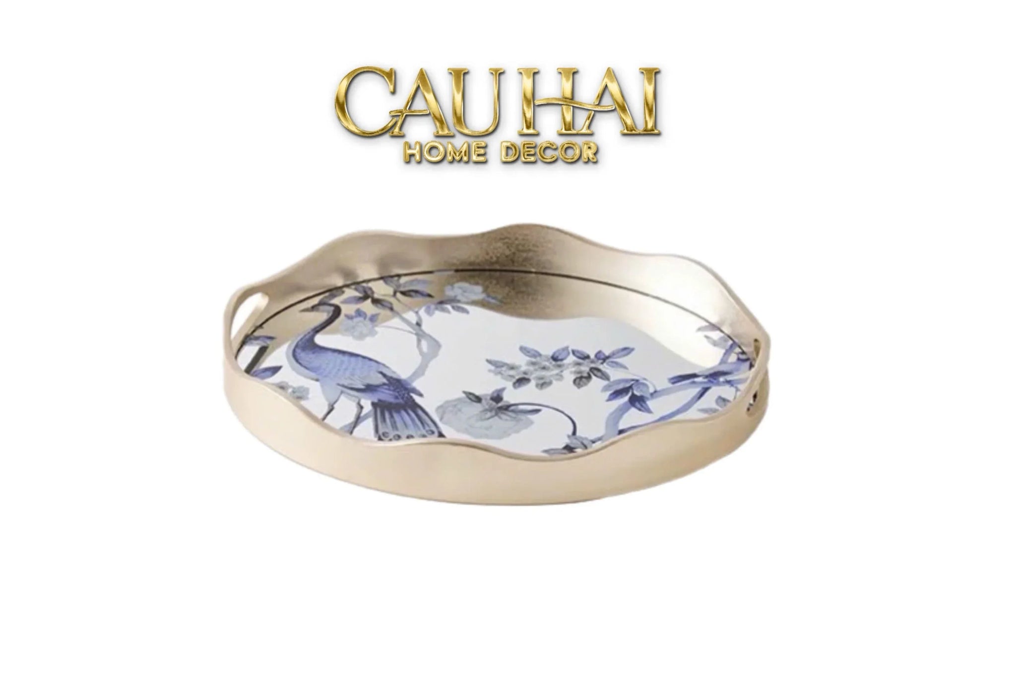 Maison Couture - Khay Tròn Khổng Tước Mirror Plateau Oval Paon Oriental 30X38-KHAY TRANG TRÍ-CẬU HAI HOME DECOR
