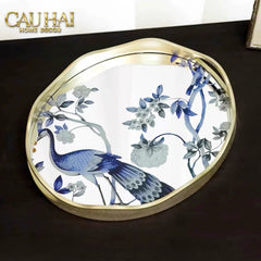 Maison Couture - Khay Tròn Khổng Tước Mirror Plateau Oval Paon Oriental 30X38-CẬU HAI HOME DECOR
