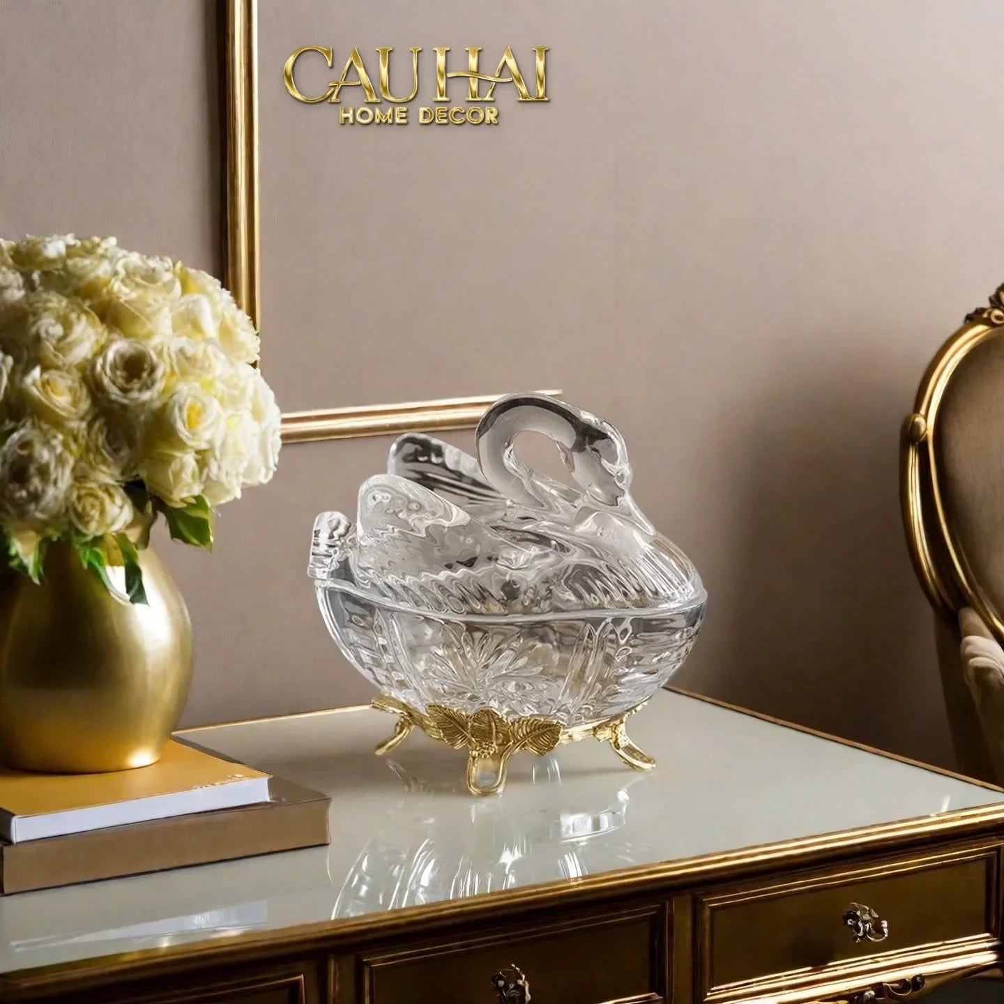 Maison Couture - Lọ Kẹo Thiên Nga Pha Lê Đế Đồng - Swan De L’Athènes Cristalleries Bonbonnière 9x13.7x14-Lọ kẹo Canister Bonbonnière-CẬU HAI HOME DECOR