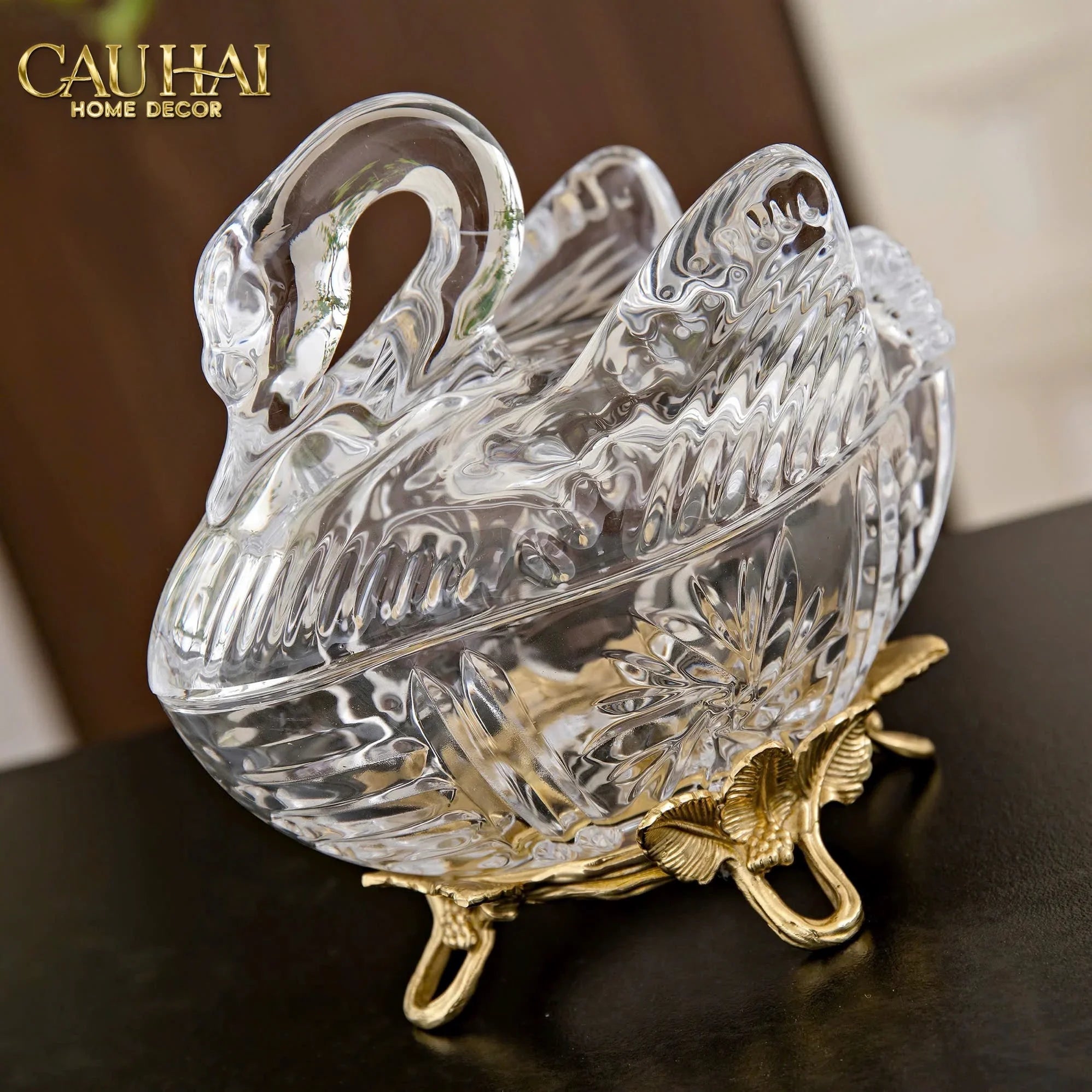 Maison Couture - Lọ Kẹo Thiên Nga Pha Lê Đế Đồng - Swan De L’Athènes Cristalleries Bonbonnière 9x13.7x14-Lọ kẹo Canister Bonbonnière-CẬU HAI HOME DECOR