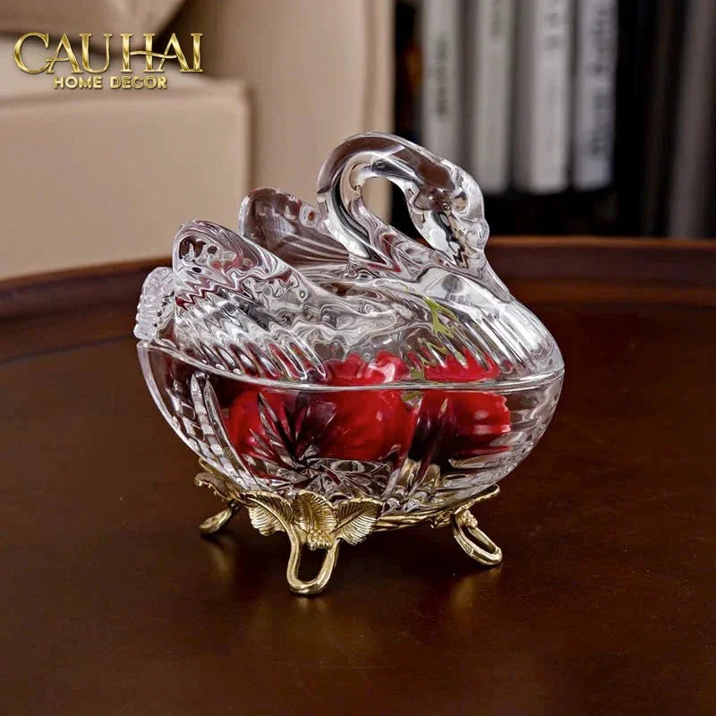 Maison Couture - Lọ Kẹo Thiên Nga Pha Lê Đế Đồng - Swan De L’Athènes Cristalleries Bonbonnière 9x13.7x14-Lọ kẹo Canister Bonbonnière-CẬU HAI HOME DECOR