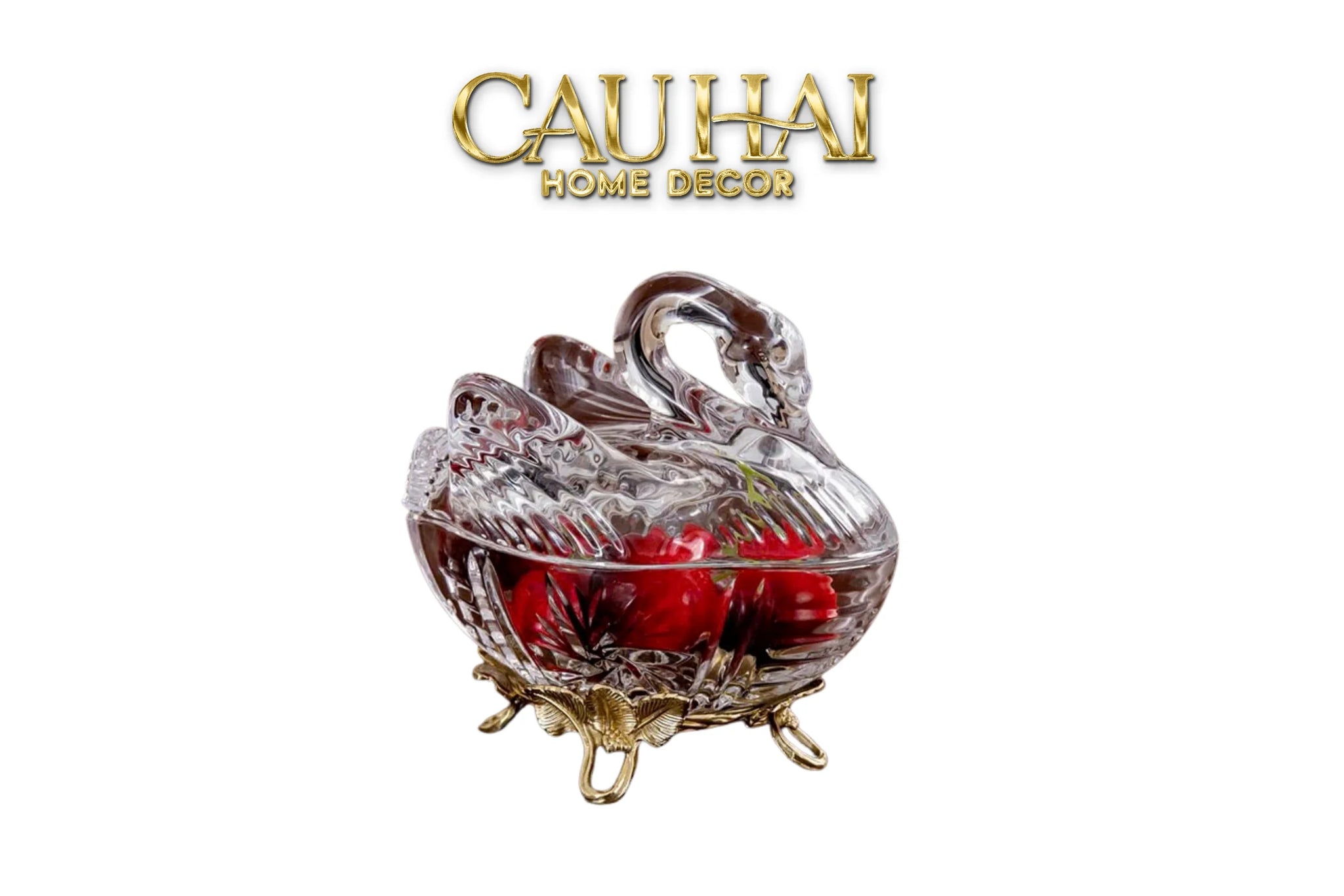 Maison Couture - Lọ Kẹo Thiên Nga Pha Lê Đế Đồng - Swan De L’Athènes Cristalleries Bonbonnière 9x13.7x14-Lọ kẹo Canister Bonbonnière-CẬU HAI HOME DECOR