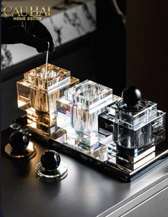 Maison Couture - Lọ Tăm Bông Pha Lê - Cristalleries Obsidian Cube - Smoky Vanity Ritual Set 9x14-HŨ TRANG TRÍ-CẬU HAI HOME DECOR