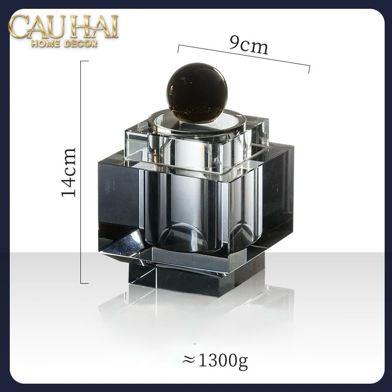 Maison Couture - Lọ Tăm Bông Pha Lê - Cristalleries Obsidian Cube - Smoky Vanity Ritual Set 9x14-HŨ TRANG TRÍ-CẬU HAI HOME DECOR