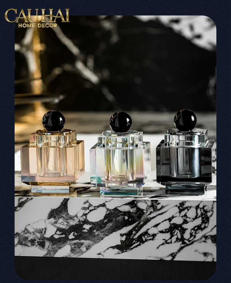 Maison Couture - Lọ Tăm Bông Pha Lê - Cristalleries Obsidian Cube - Smoky Vanity Ritual Set 9x14-HŨ TRANG TRÍ-CẬU HAI HOME DECOR