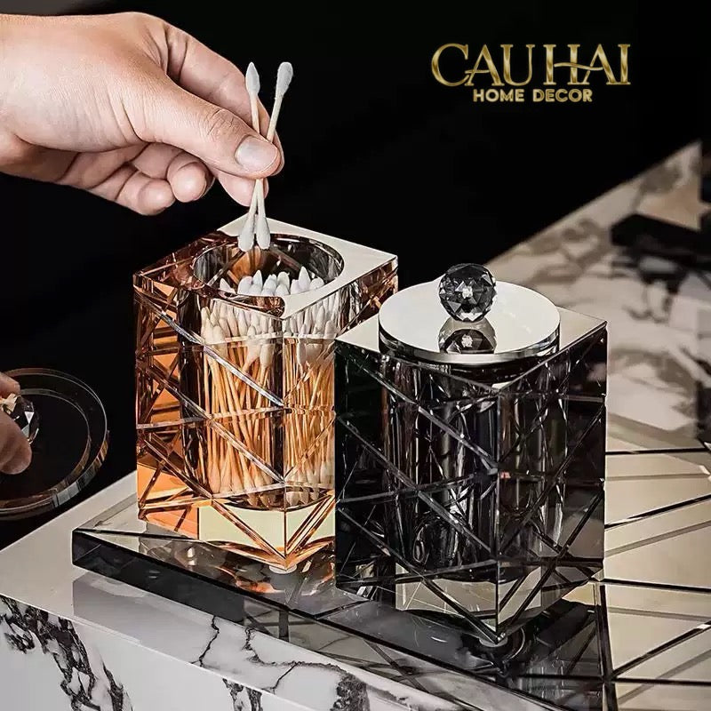 Maison Couture - Lọ Tăm Bông Pha Lê - Cristalleries Obsidian Cube - Smoky Vanity Ritual Set 9x14-HŨ TRANG TRÍ-CẬU HAI HOME DECOR