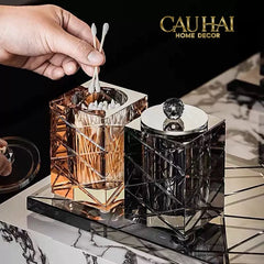 Maison Couture - Lọ Tăm Bông Pha Lê - Cristalleries Obsidian Cube - Smoky Vanity Ritual Set 9x14-HŨ TRANG TRÍ-CẬU HAI HOME DECOR