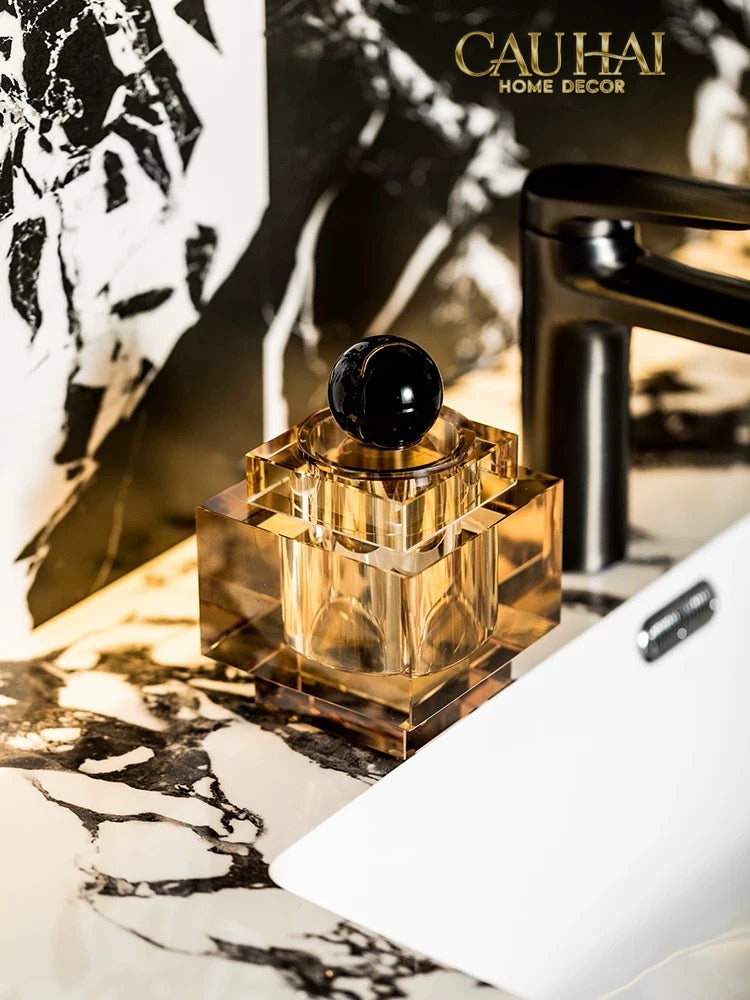 Maison Couture - Lọ Tăm Bông Pha Lê - Cristalleries Obsidian Cube - Smoky Vanity Ritual Set 9x14-HŨ TRANG TRÍ-CẬU HAI HOME DECOR