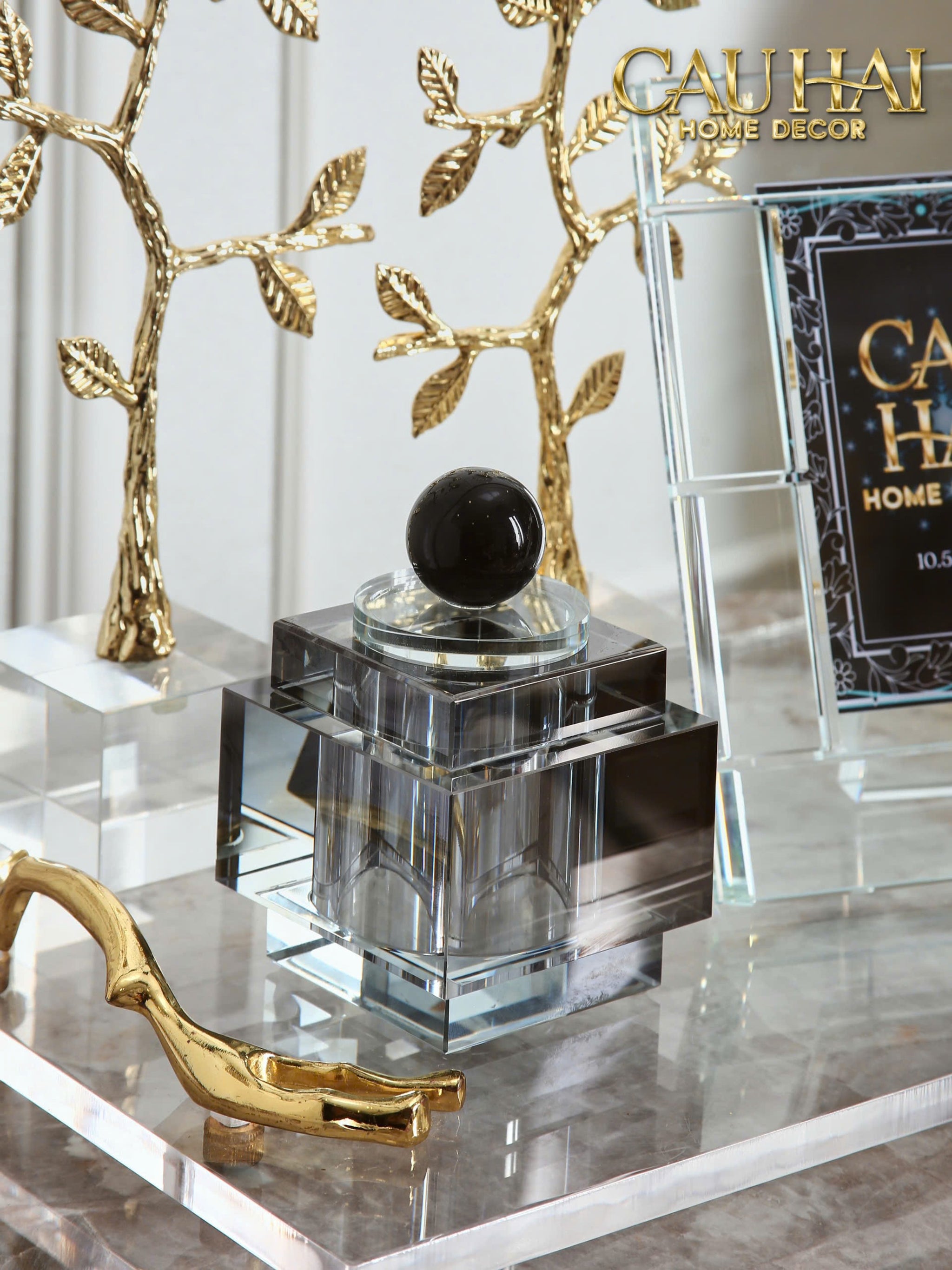 Maison Couture - Lọ Tăm Bông Pha Lê - Cristalleries Obsidian Cube - Smoky Vanity Ritual Set 9x14-HŨ TRANG TRÍ-CẬU HAI HOME DECOR
