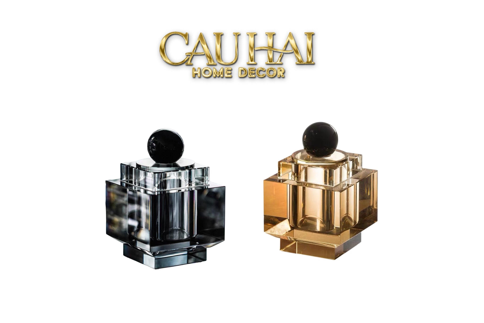 Maison Couture - Lọ Tăm Bông Pha Lê - Cristalleries Obsidian Cube - Smoky Vanity Ritual Set 9x14-HŨ TRANG TRÍ-CẬU HAI HOME DECOR