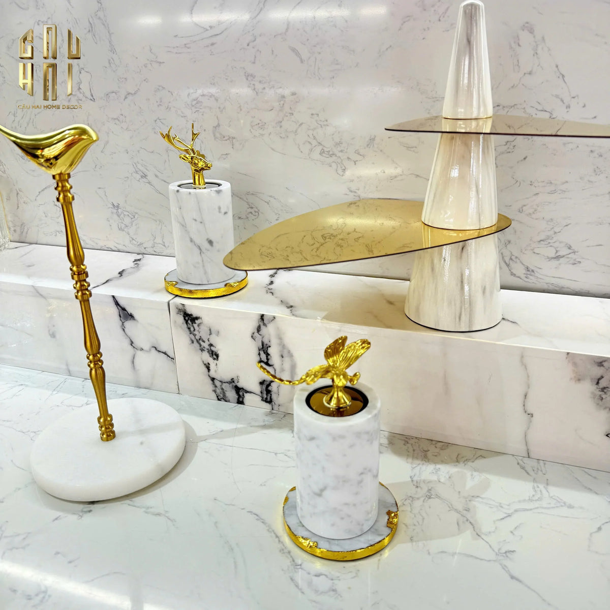 Maison Couture - Lọ Tăm Đá Marble Brasson Sauvage Blanche Marbre D'Ivoire-HŨ TRANG TRÍ-Đối tác tại Trung Quốc theo từng đơn đặt hàng-CẬU HAI HOME DECOR
