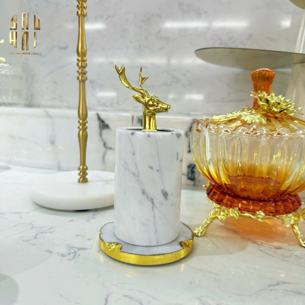 Maison Couture - Lọ Tăm Đá Marble Brasson Sauvage Blanche Marbre D'Ivoire-HŨ TRANG TRÍ-Đối tác tại Trung Quốc theo từng đơn đặt hàng-BRASSON ALLEY-CẬU HAI HOME DECOR
