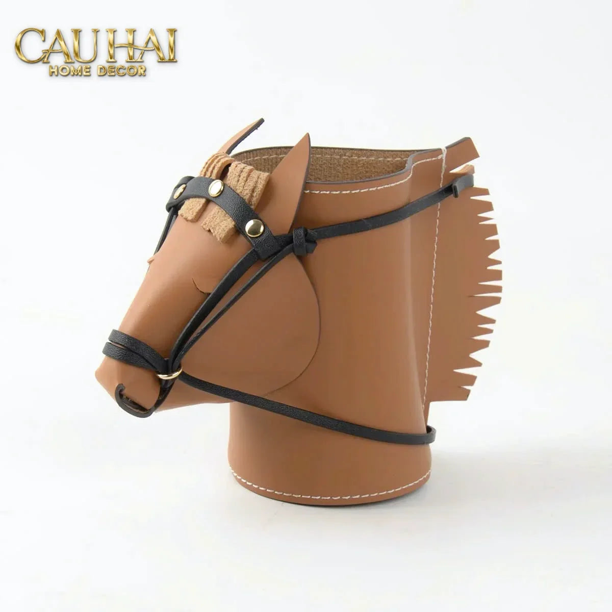 Maison Couture - Lọ Trang Trí Đầu Ngựa Da Thuộc Equestrian Head Leather Saddle Brun Vessel 13x17-HŨ TRANG TRÍ-CẬU HAI HOME DECOR