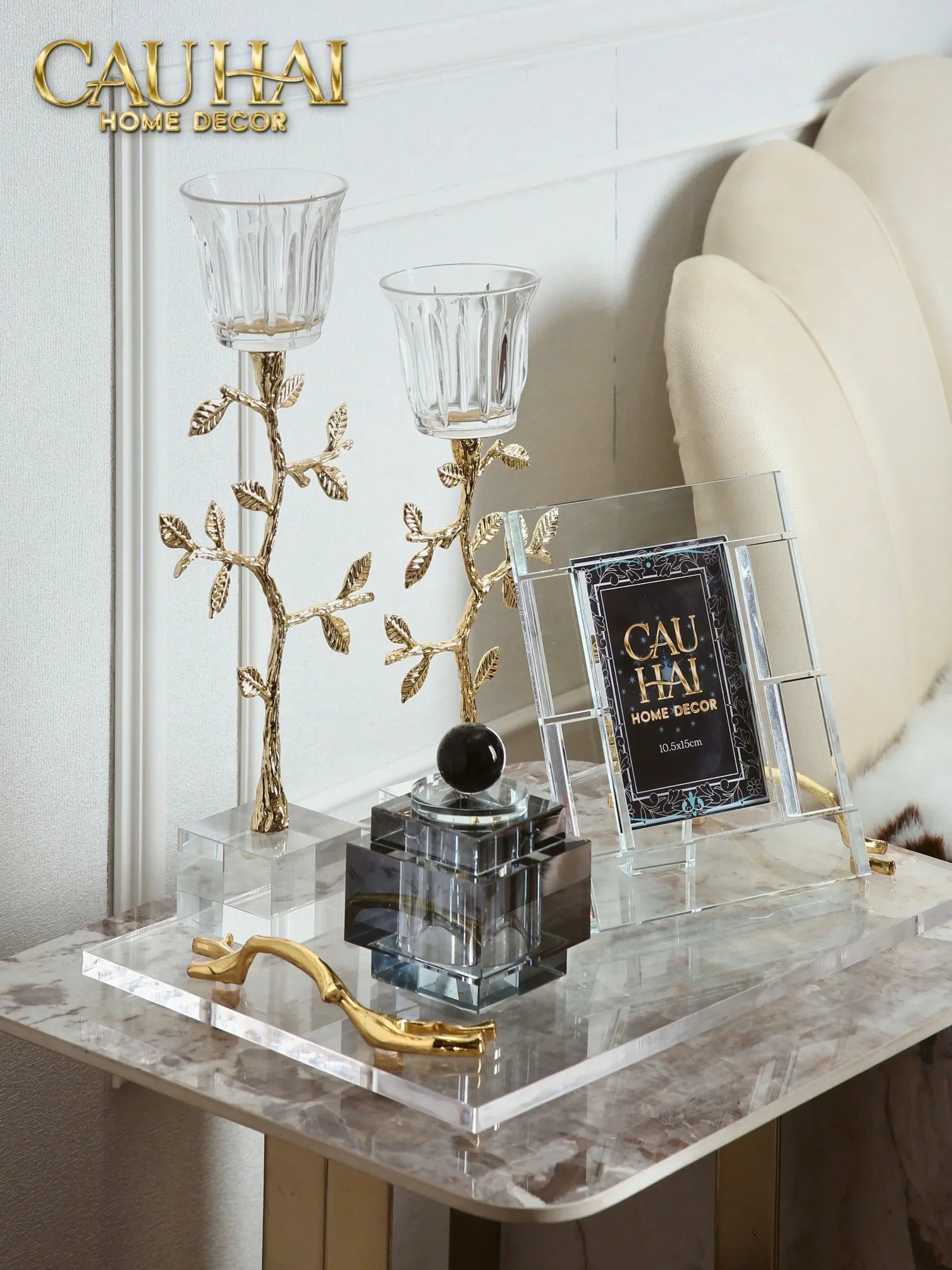 Maison Couture - Set 2 Đế Nến Pha Lê Aurum Branche Spéciale Édition H33/40-Hoa Lụa-CẬU HAI HOME DECOR