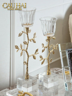 Maison Couture - Set 2 Đế Nến Pha Lê Aurum Branche Spéciale Édition H33/40-Hoa Lụa-CẬU HAI HOME DECOR