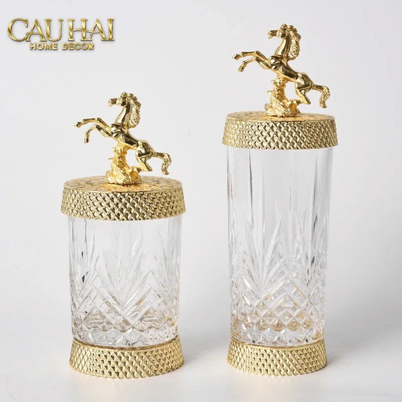 Maison Couture - Set 2 Lọ Kẹo Pha Lê Phối Đồng Cheval Cabré – Brasson Cristalleries Canister 9x20/25-Lọ kẹo Canister Bonbonnière-CẬU HAI HOME DECOR
