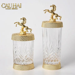 Maison Couture - Set 2 Lọ Kẹo Pha Lê Phối Đồng Cheval Cabré – Brasson Cristalleries Canister 9x20/25-Lọ kẹo Canister Bonbonnière-CẬU HAI HOME DECOR