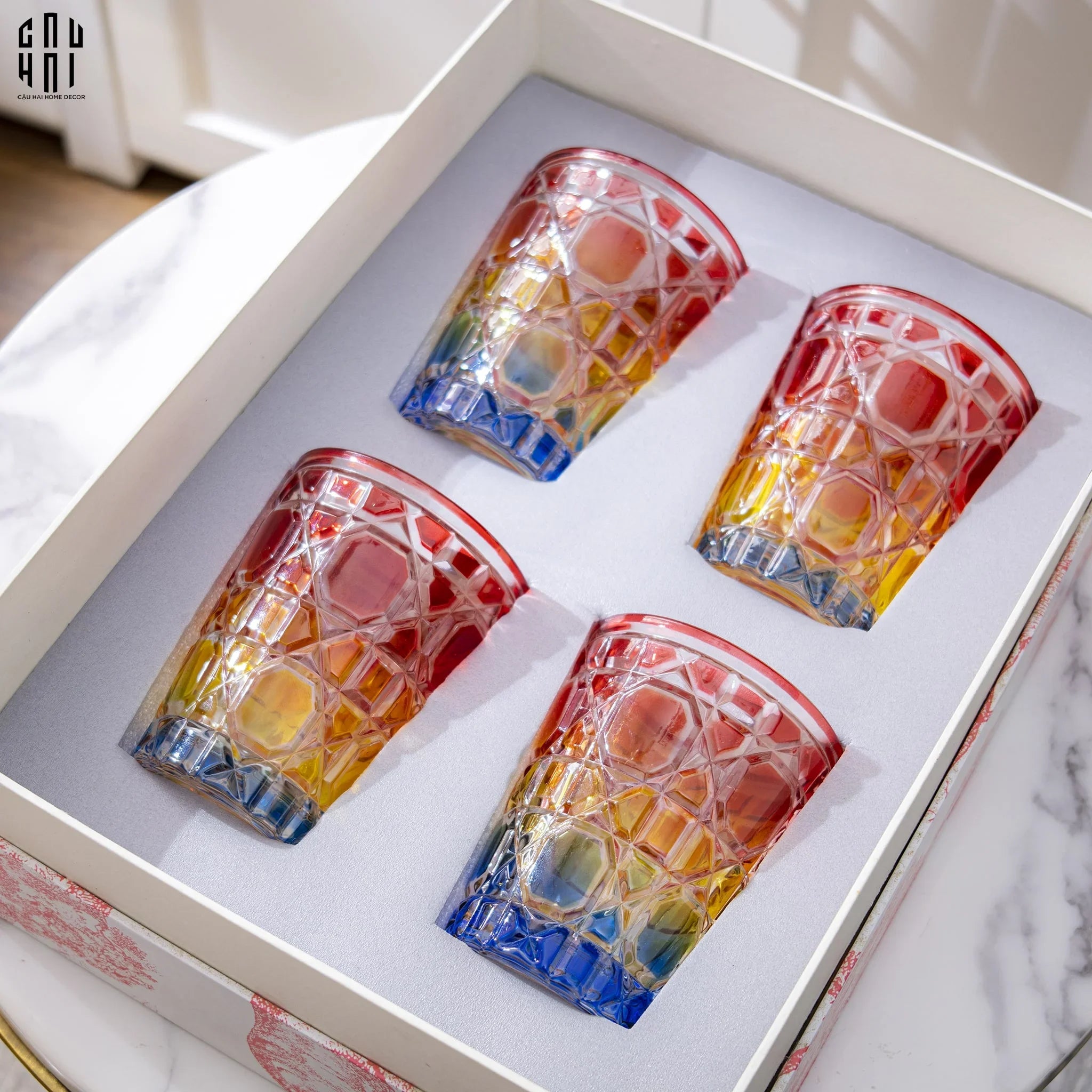 Maison Couture - Set 2 Ly Cocktail Thuỷ Tinh 7 Màu D'Or Diamant Facetté Lumière-LY THỦY TINH-CẬU HAI HOME DECOR