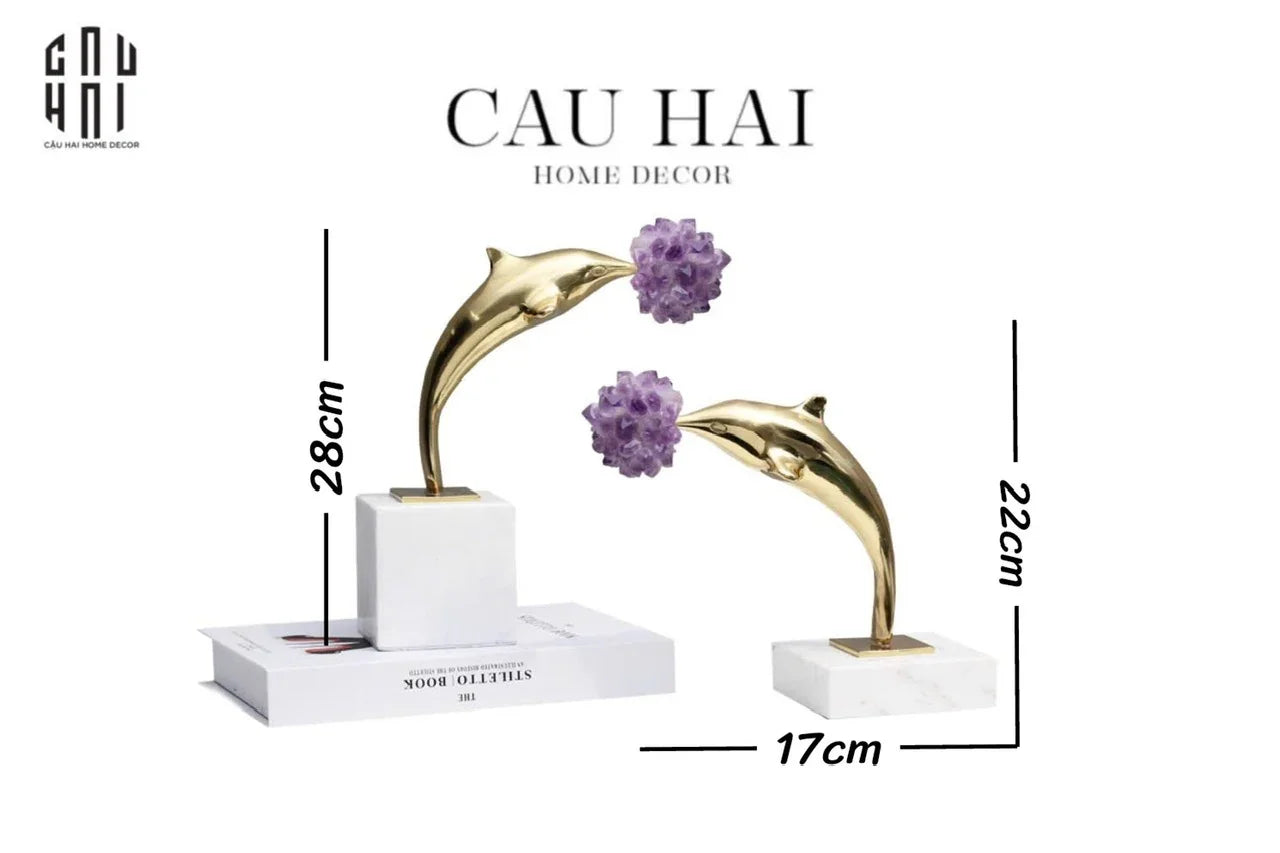 Maison Couture - Set 2 Tượng Cá Heo Bằng Đồng Đá Thạch Anh Tím - Brasson Dolphin Serendipity Amethyst 17x22/28-TƯỢNG TRANG TRÍ-CẬU HAI HOME DECOR