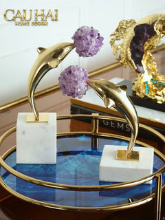 Maison Couture - Set 2 Tượng Cá Heo Bằng Đồng Đá Thạch Anh Tím - Brasson Dolphin Serendipity Amethyst 17x22/28-TƯỢNG TRANG TRÍ-CẬU HAI HOME DECOR