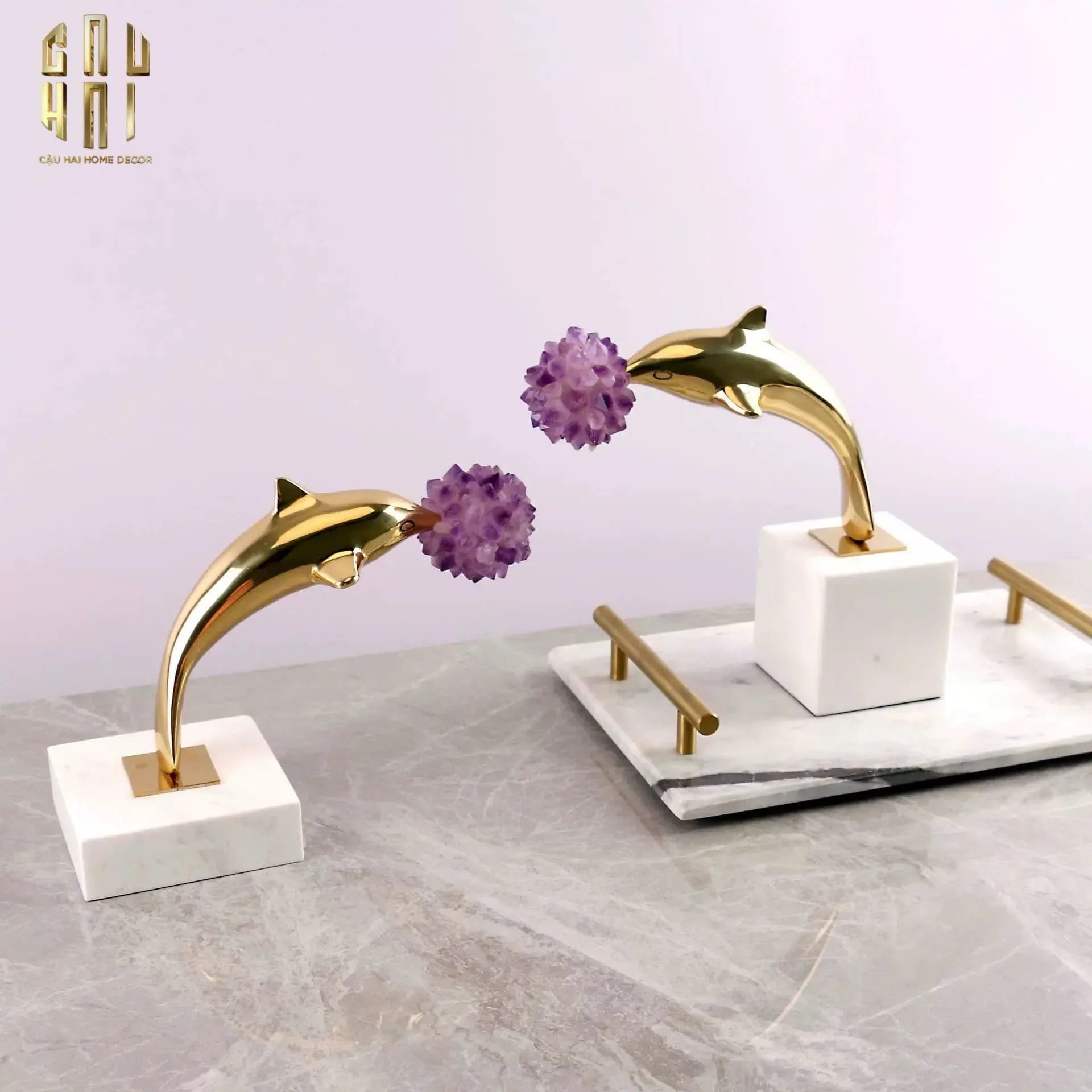 Maison Couture - Set 2 Tượng Cá Heo Bằng Đồng Đá Thạch Anh Tím - Brasson Dolphin Serendipity Amethyst 17x22/28-TƯỢNG TRANG TRÍ-CẬU HAI HOME DECOR