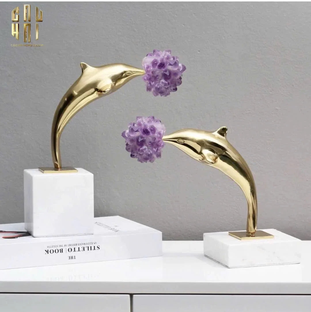 Maison Couture - Set 2 Tượng Cá Heo Bằng Đồng Đá Thạch Anh Tím - Brasson Dolphin Serendipity Amethyst 17x22/28-TƯỢNG TRANG TRÍ-CẬU HAI HOME DECOR