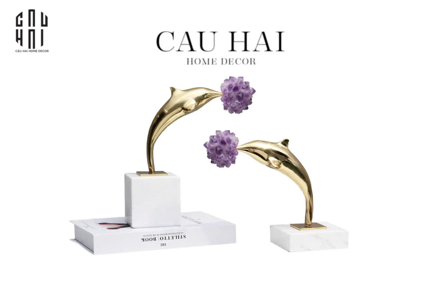 Maison Couture - Set 2 Tượng Cá Heo Bằng Đồng Đá Thạch Anh Tím - Brasson Dolphin Serendipity Amethyst 17x22/28-TƯỢNG TRANG TRÍ-CẬU HAI HOME DECOR