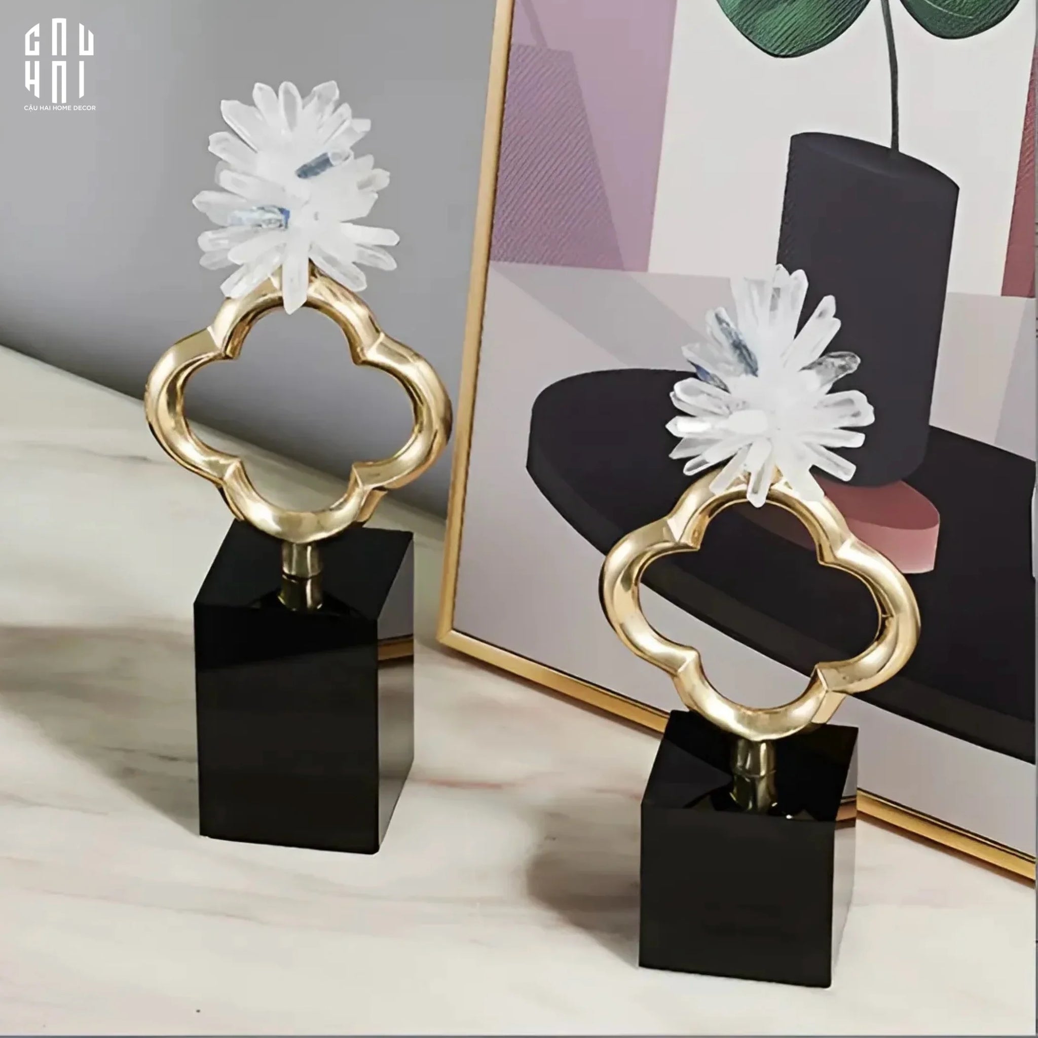 Maison Couture - Set 2 Tượng Hoa 4 Cánh Bằng Đồng Avalon Clover White Quartz 13x30-TƯỢNG TRANG TRÍ-CẬU HAI HOME DECOR