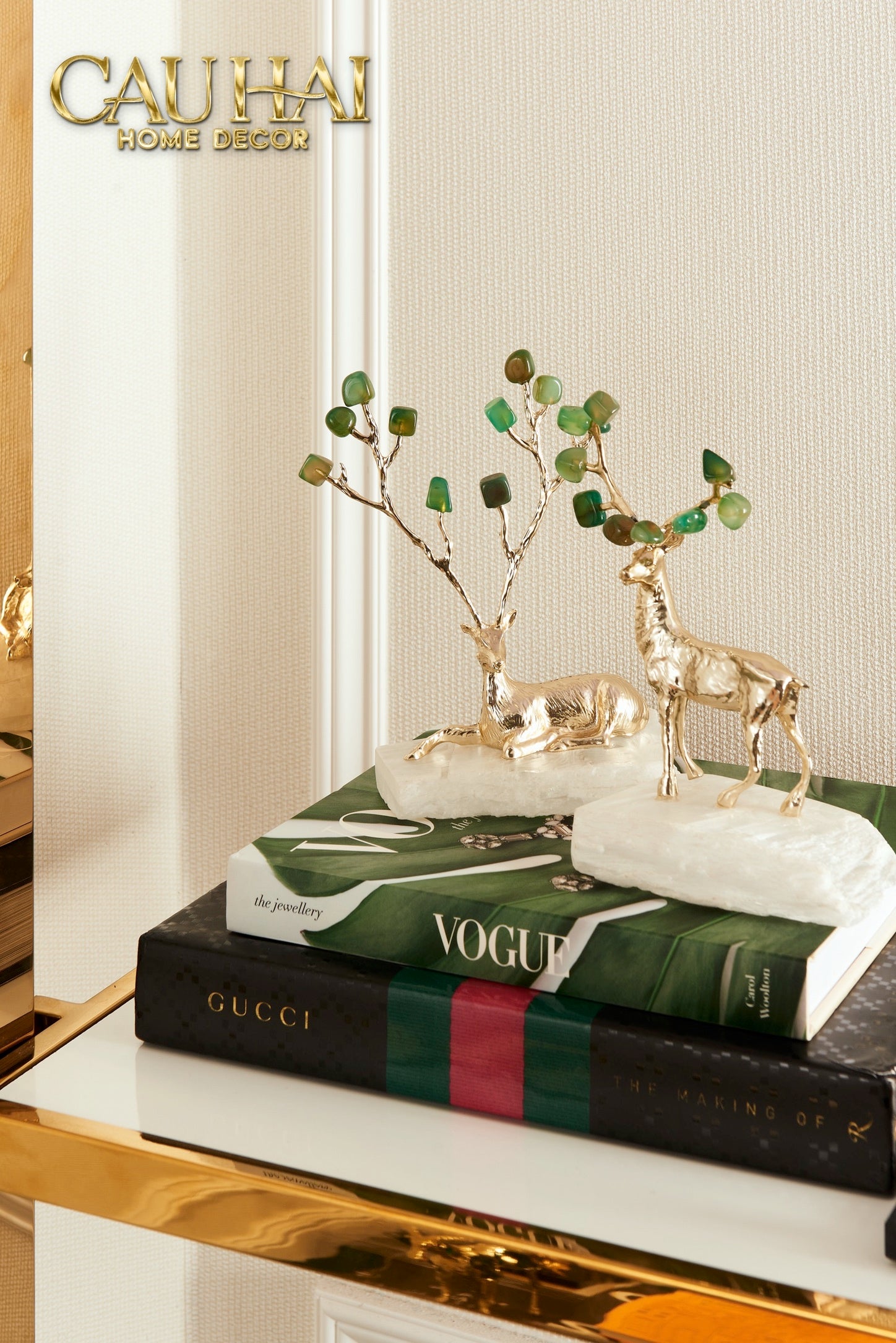Maison Couture - Set 2 Tượng Hươu Đồng Đá Florite Green Đế Đá Quartz- Jupiter Elks Duo Deity 15x21 14x20-TƯỢNG TRANG TRÍ-CẬU HAI HOME DECOR