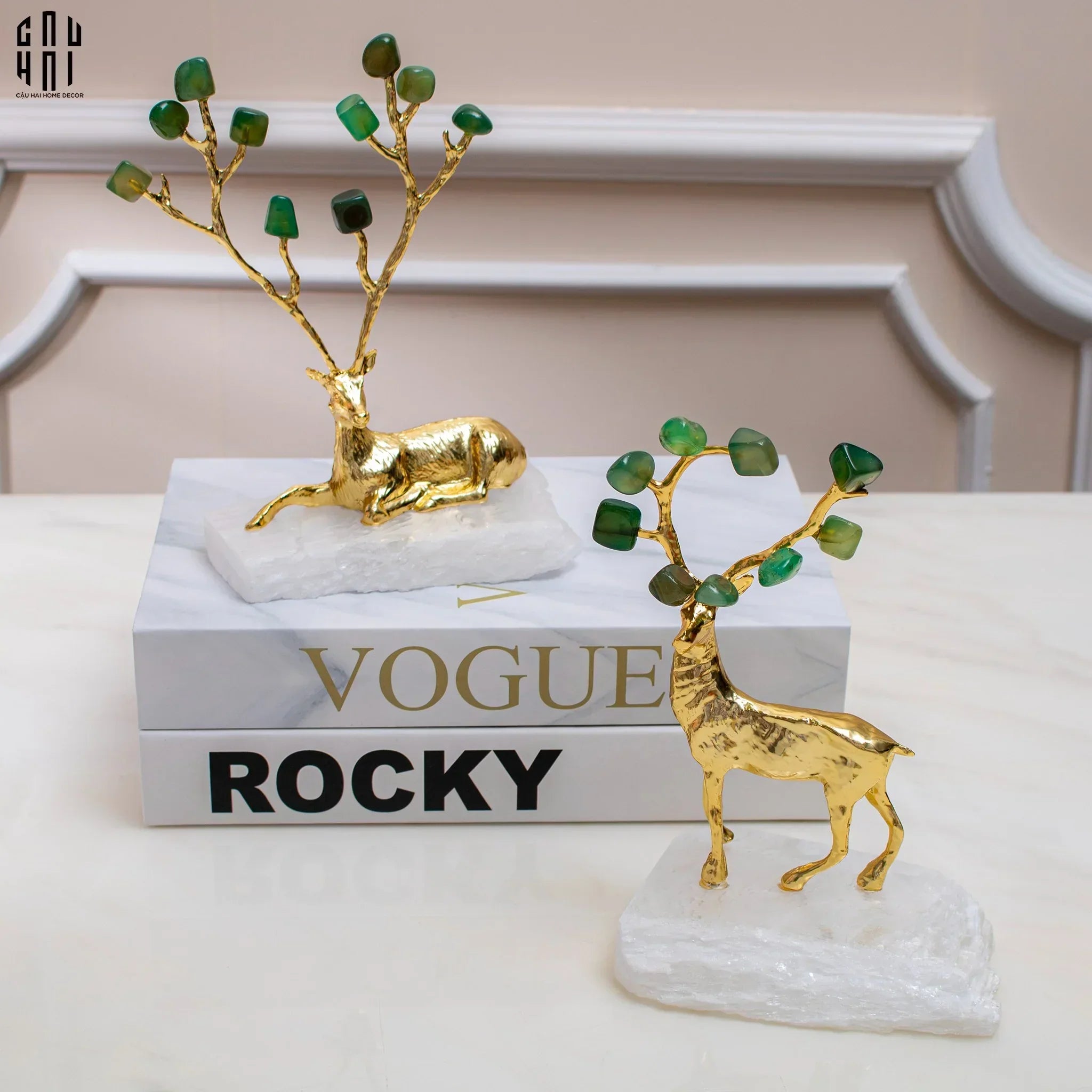 Maison Couture - Set 2 Tượng Hươu Đồng Đá Florite Green Đế Đá Quartz- Jupiter Elks Duo Deity 15x21 14x20-TƯỢNG TRANG TRÍ-CẬU HAI HOME DECOR