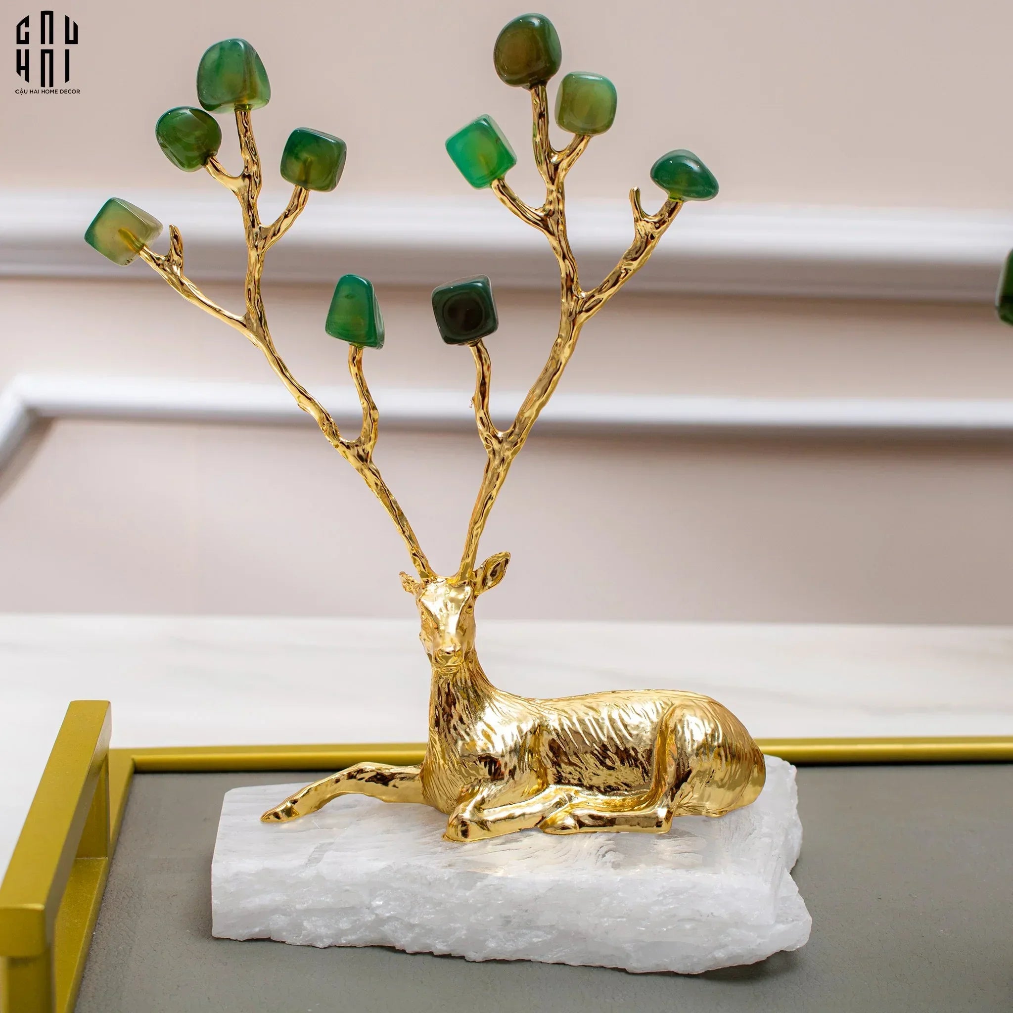 Maison Couture - Set 2 Tượng Hươu Đồng Đá Florite Green Đế Đá Quartz- Jupiter Elks Duo Deity 15x21 14x20-TƯỢNG TRANG TRÍ-CẬU HAI HOME DECOR