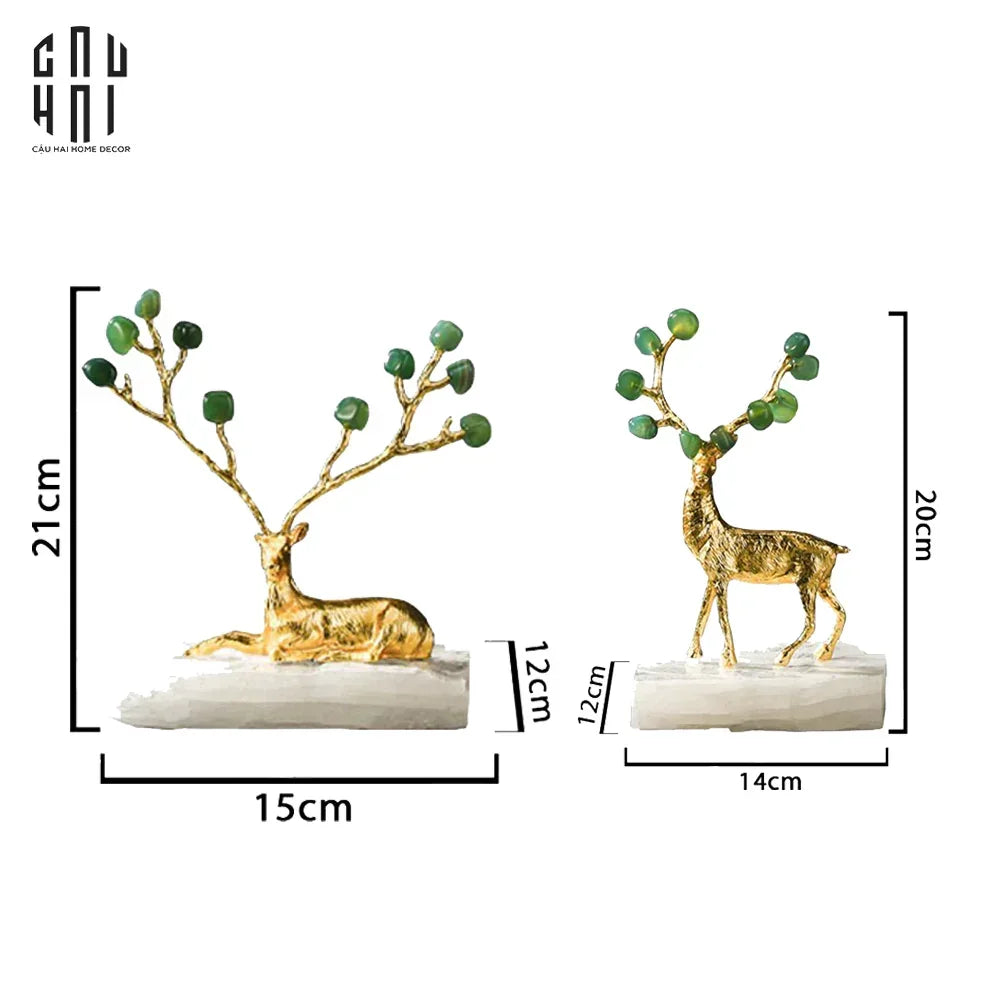 Maison Couture - Set 2 Tượng Hươu Đồng Đá Florite Green Đế Đá Quartz- Jupiter Elks Duo Deity 15x21 14x20-TƯỢNG TRANG TRÍ-CẬU HAI HOME DECOR