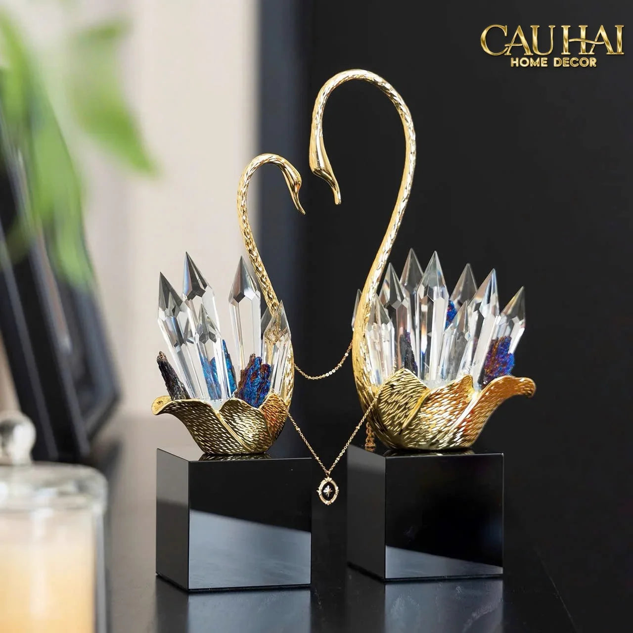 Maison Couture - Set 2 Tượng Thiên Nga Bằng Đồng Đính Pha Lê - Swan D’Amour Azure Cristalleries 15x25/28-TƯỢNG TRANG TRÍ-CẬU HAI HOME DECOR
