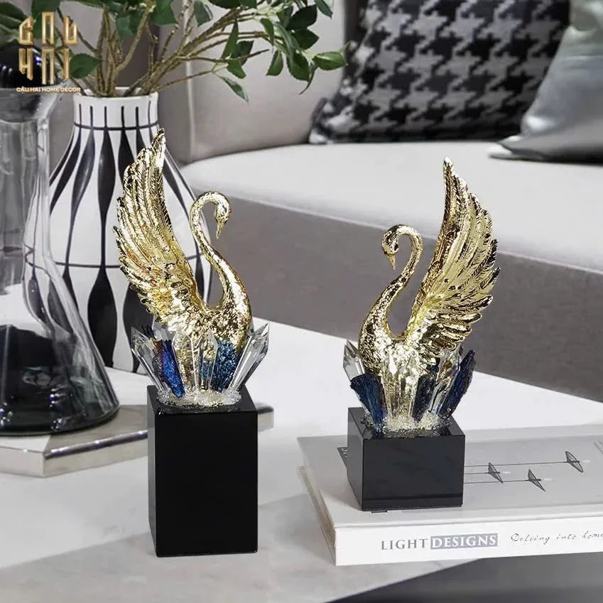 Maison Couture - Set 2 Tượng Thiên Nga Bằng Đồng Đính Pha Lê - Swan D’Amour Azure Cristalleries 15x25/28-TƯỢNG TRANG TRÍ-CẬU HAI HOME DECOR